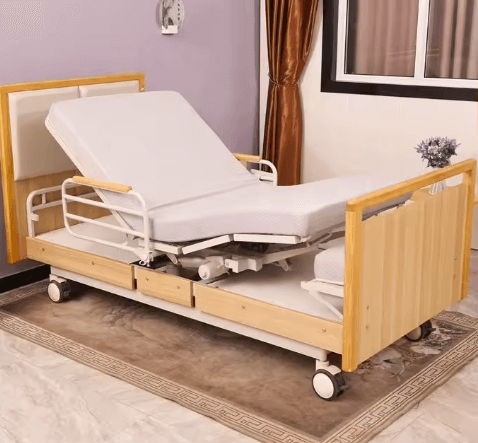 Adjustable electric care bed with swivel handrail and modern upholstered design