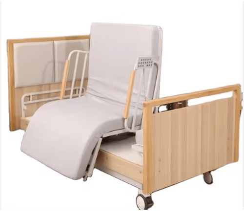 Electric care bed with 90° rotation and adjustable backrest for home care use