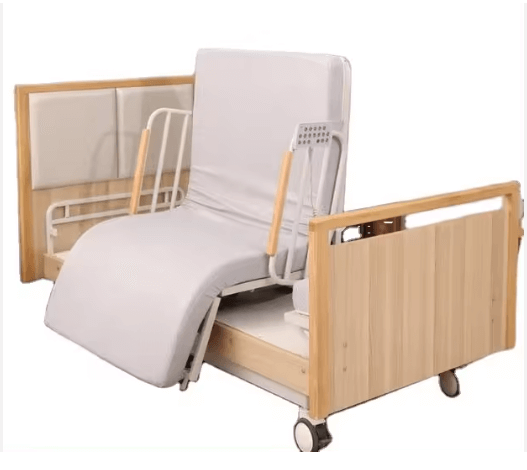 Electric care bed with 90° rotation and adjustable backrest for home care use