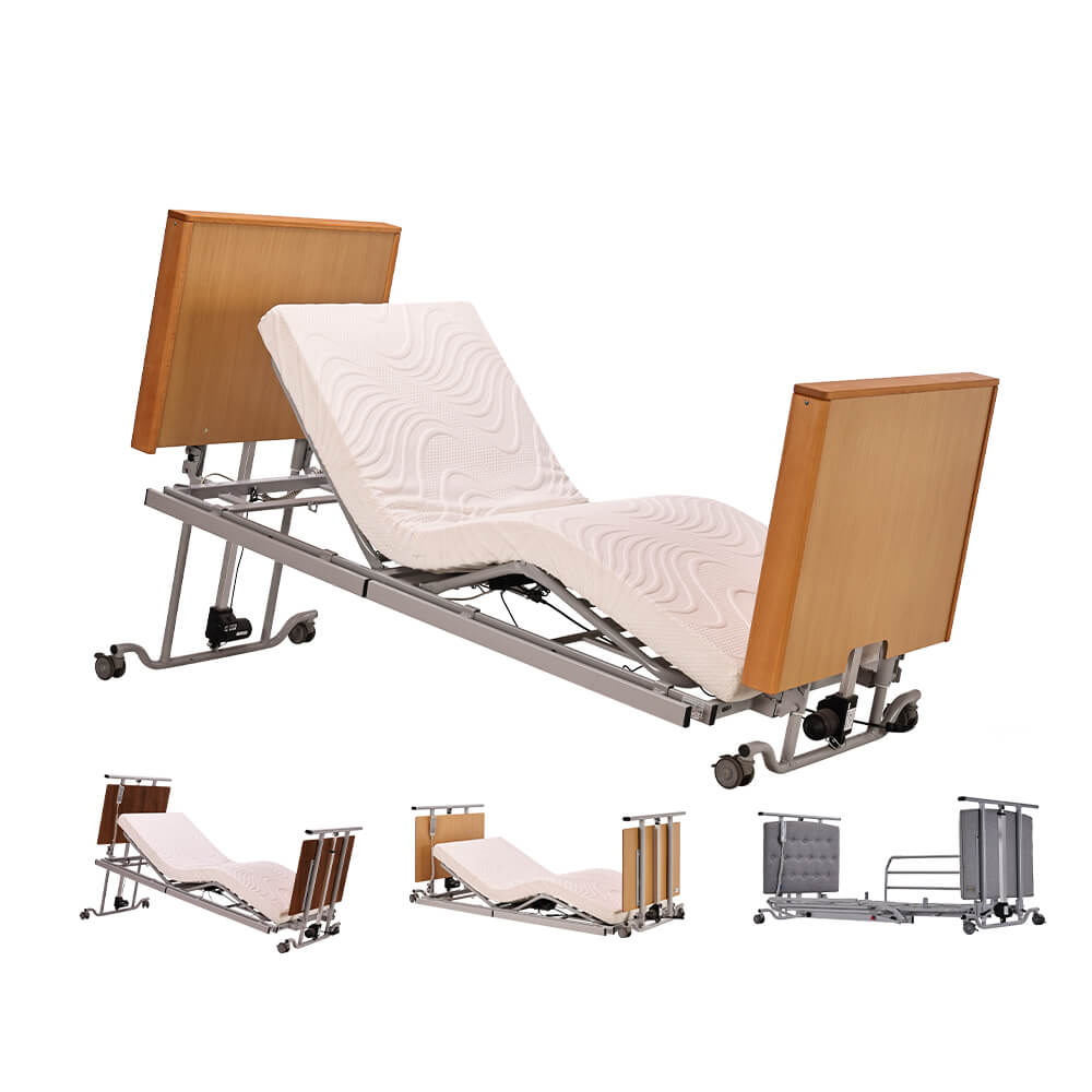 Medical nursing bed with ultra low position, knee break adjustment, and side rails