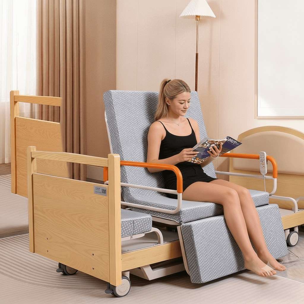 Electric nursing bed with 90 degree rotation for easy patient transfer