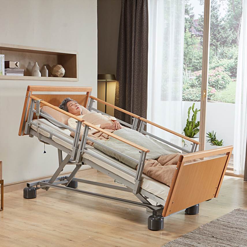 Premium solid wood electric home hospital bed with side rails and remote control