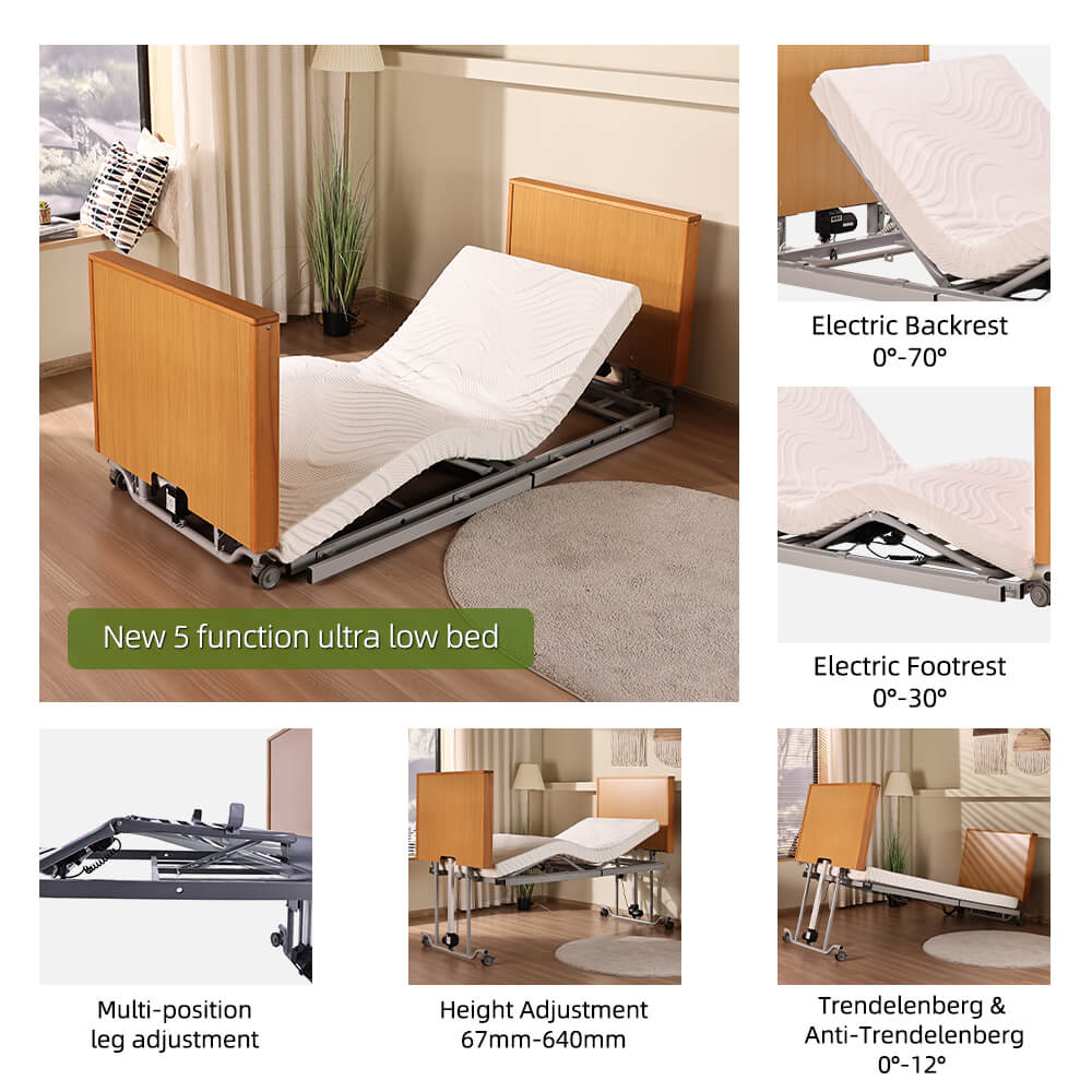 Ultra low height patient bed with easy electric controls for caregivers and home use