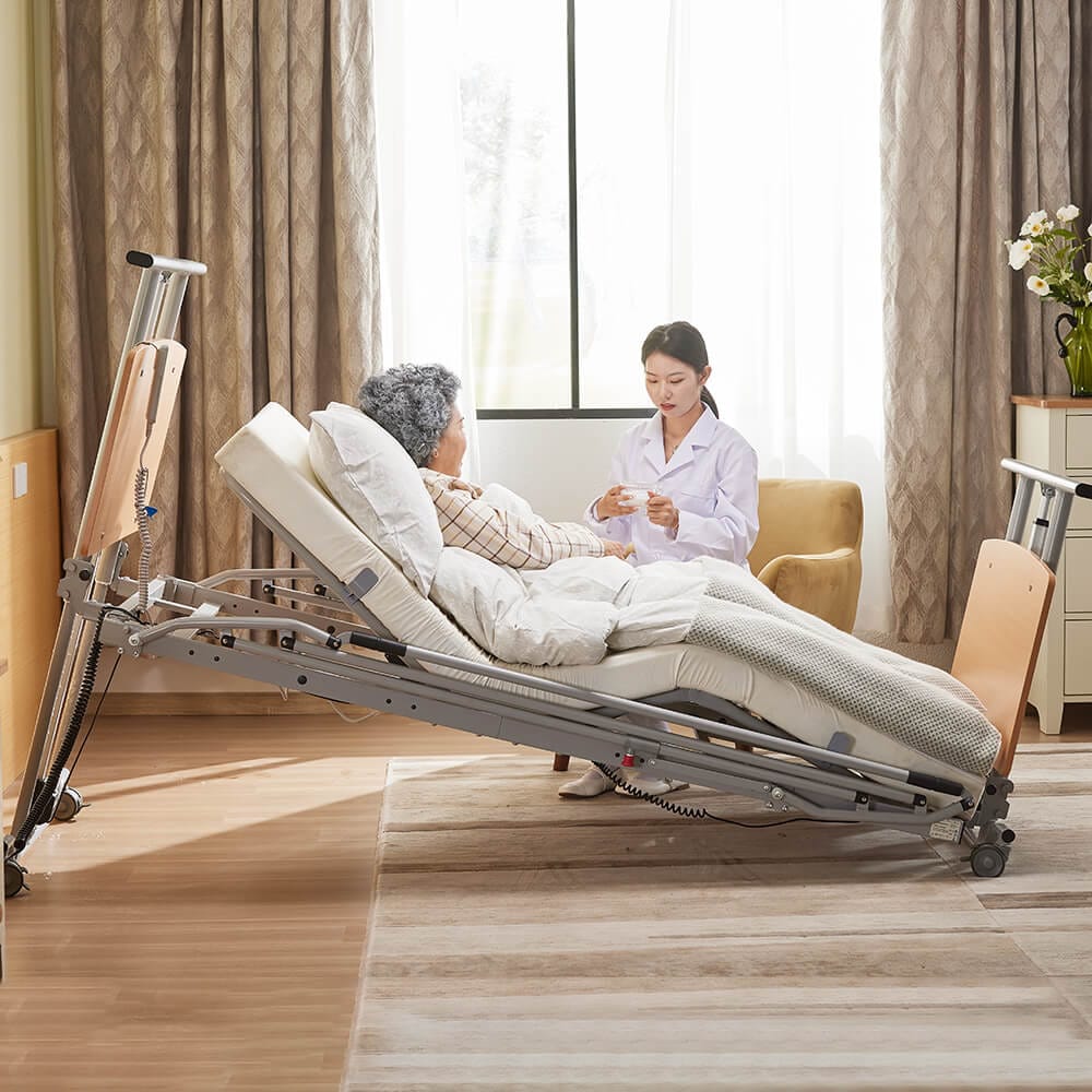 Ultra low electric nursing home bed with adjustable height and backrest for home care