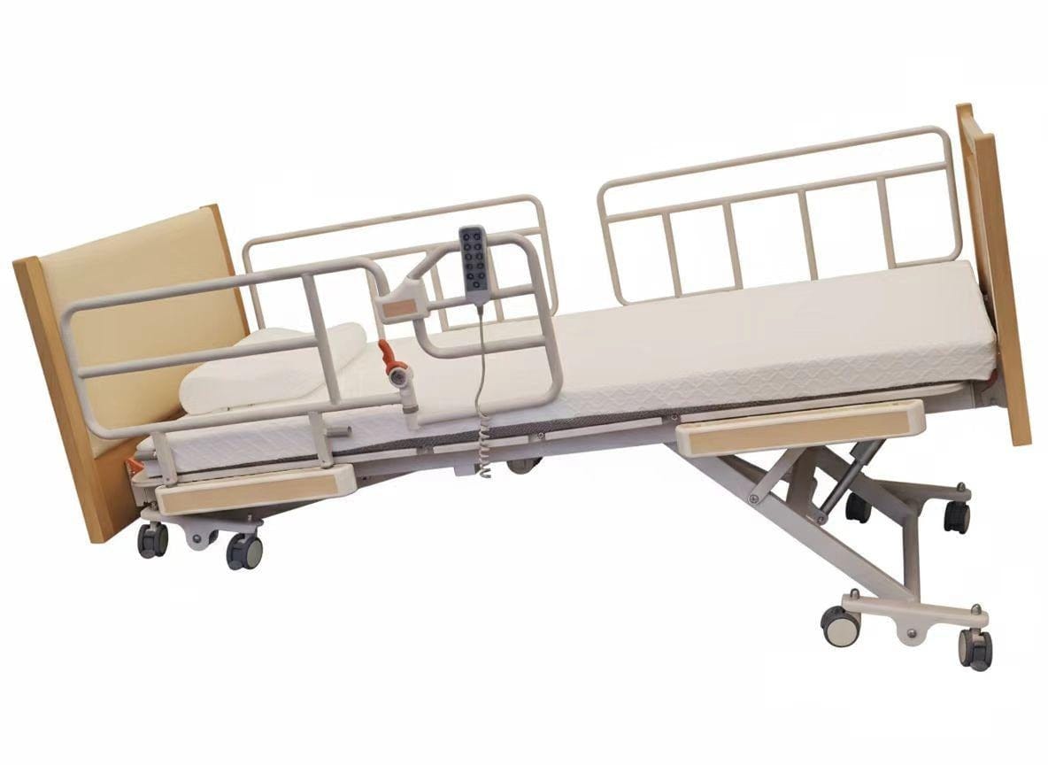 5-Function Ultra-Low Electric Bed: 9.8 in Wood Finish